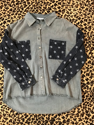 Green and black star denim jacket