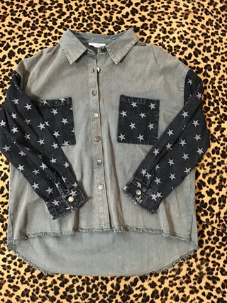 Green and black star denim jacket