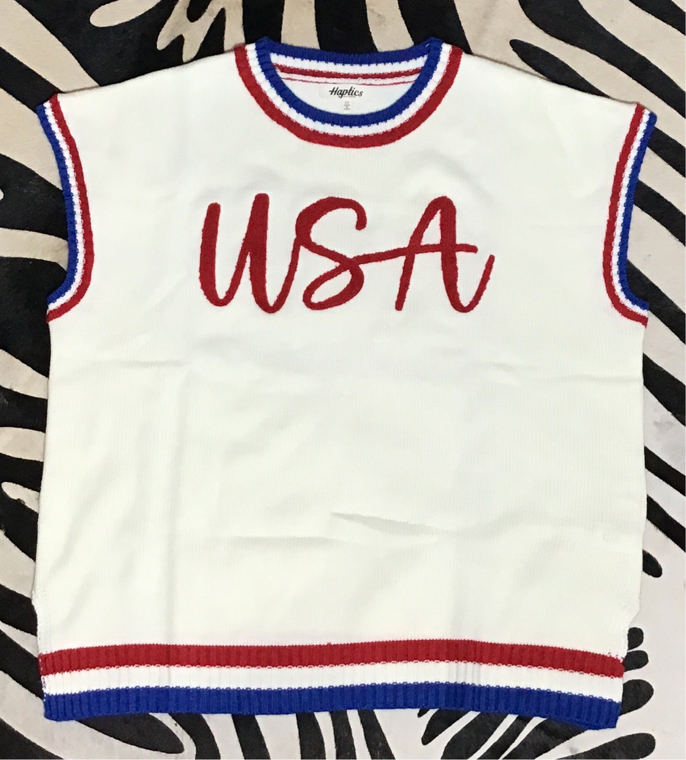 USA red , white , blue vest